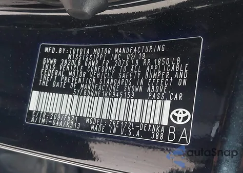 2019 Toyota Corolla Le from USA, damaged, VIN 5YFBURHE1KP945159